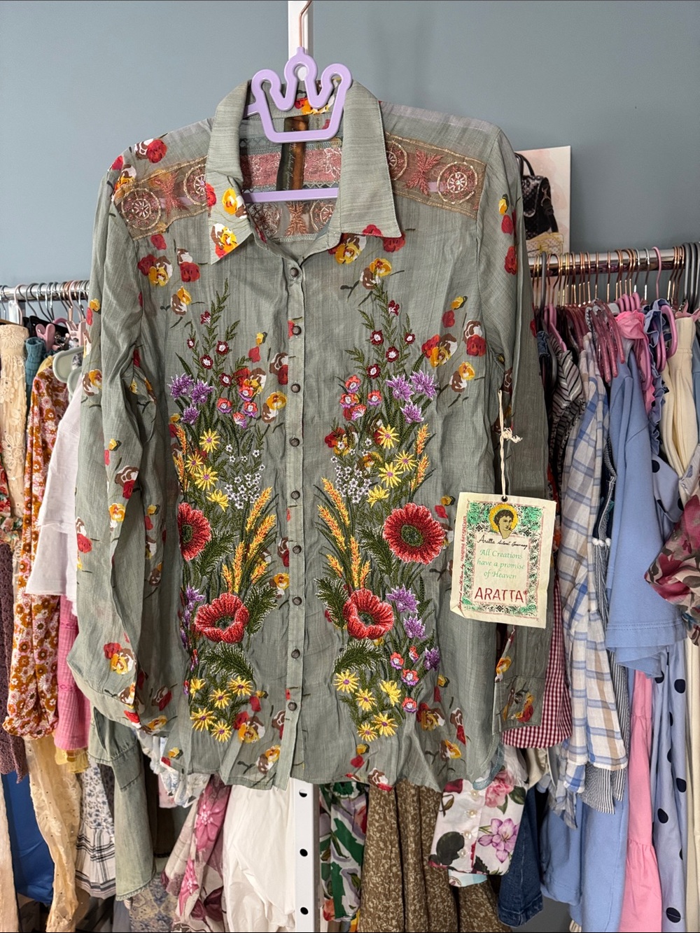 AR5 • Aratta Mia Grace Shirt Floral Embroidered Bohemian Button Down Light Olive - Picture 5 of 8